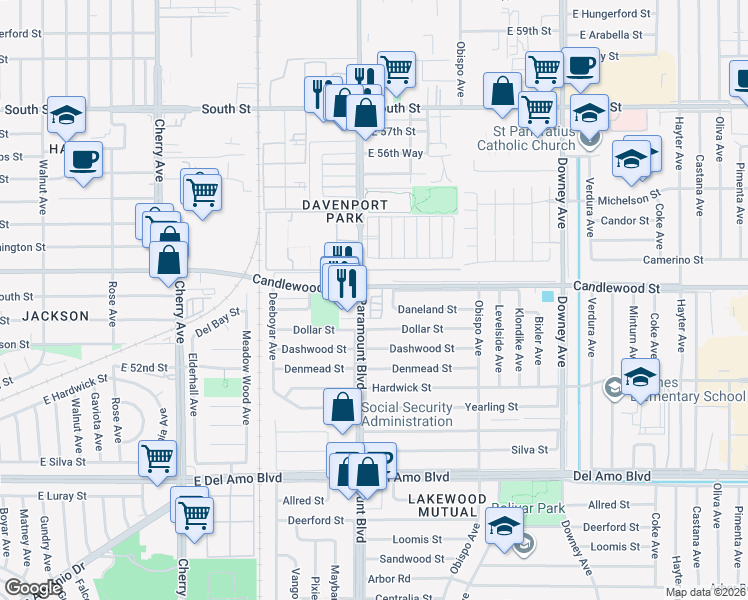 map of restaurants, bars, coffee shops, grocery stores, and more near 2710 Dumalski Street in Lakewood