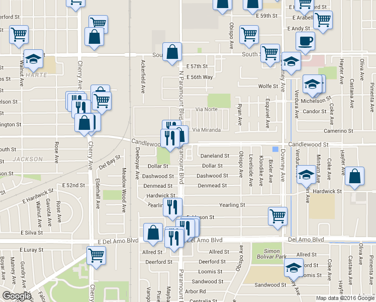 map of restaurants, bars, coffee shops, grocery stores, and more near 2710 Dumalski Street in Lakewood