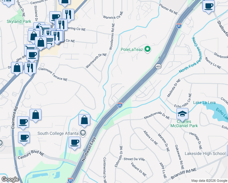 map of restaurants, bars, coffee shops, grocery stores, and more near 2500 Northeast Expressway in Atlanta