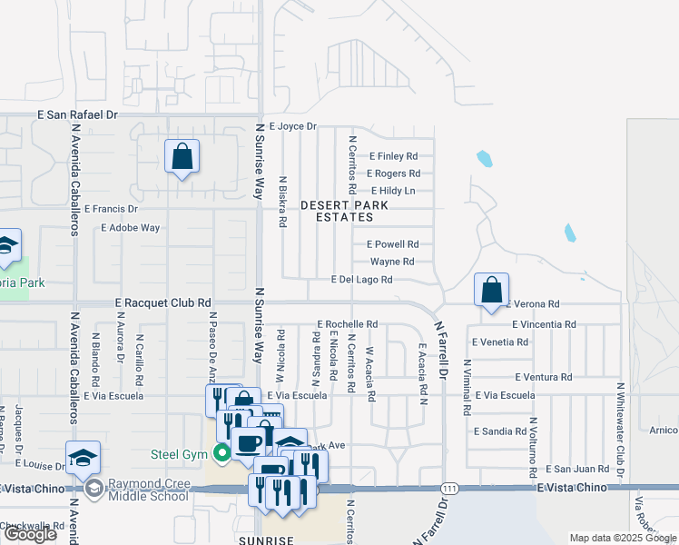 map of restaurants, bars, coffee shops, grocery stores, and more near 2300 North Cypress Road in Palm Springs