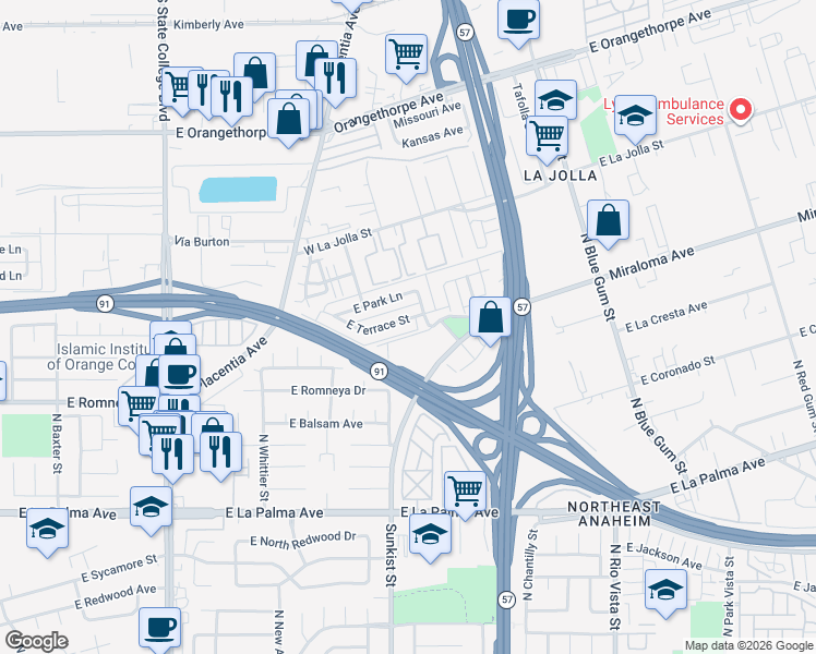 map of restaurants, bars, coffee shops, grocery stores, and more near 2537 East Terrace Street in Anaheim
