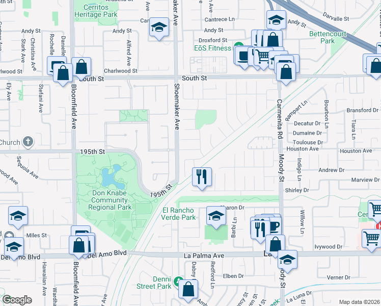 map of restaurants, bars, coffee shops, grocery stores, and more near 13048 Brazil Street in Cerritos