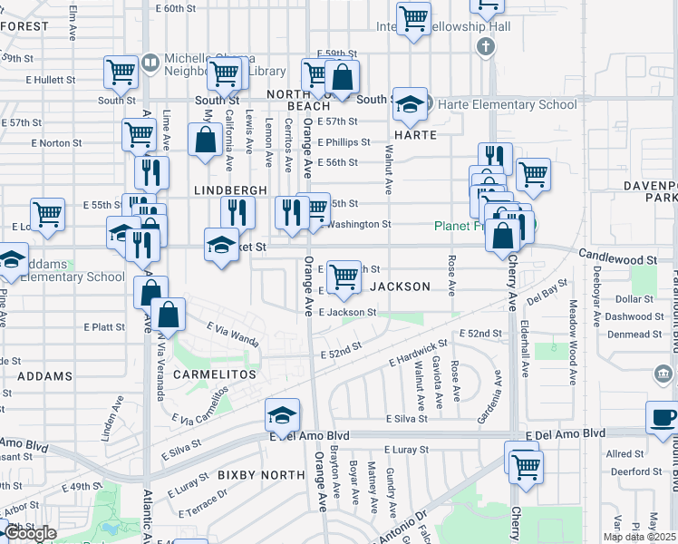 map of restaurants, bars, coffee shops, grocery stores, and more near 1312 East Plymouth Street in Long Beach