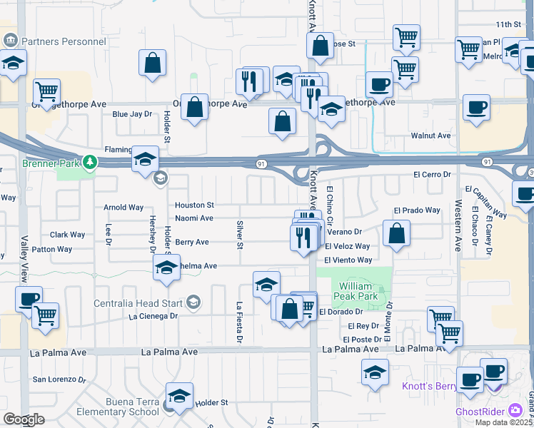map of restaurants, bars, coffee shops, grocery stores, and more near 6876 Houston Street in Buena Park