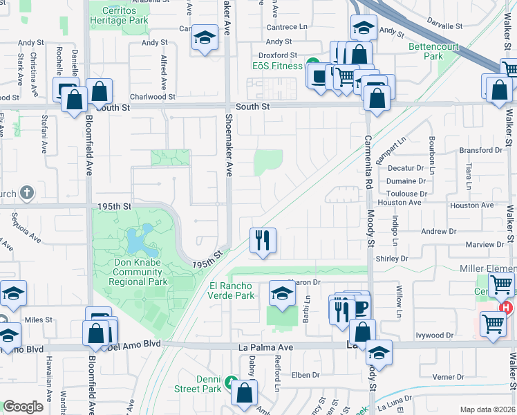 map of restaurants, bars, coffee shops, grocery stores, and more near 13048 Brazil Street in Cerritos