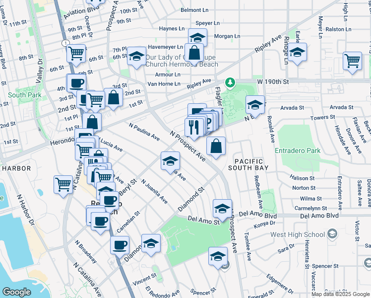 map of restaurants, bars, coffee shops, grocery stores, and more near 619 North Prospect Avenue in Redondo Beach