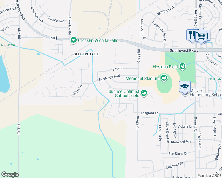 map of restaurants, bars, coffee shops, grocery stores, and more near 6 Jacob Ct in Wichita Falls