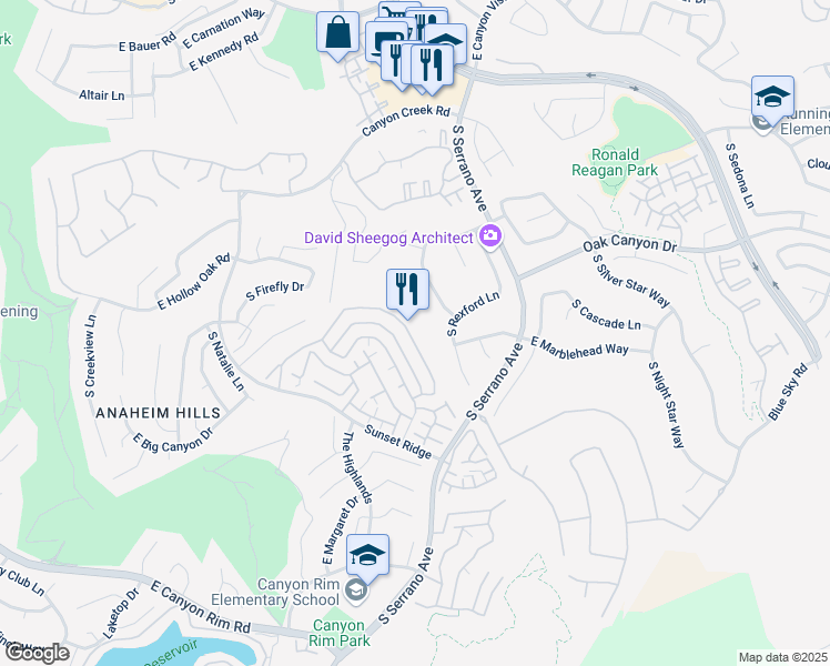 map of restaurants, bars, coffee shops, grocery stores, and more near 7879 East Viewrim Drive in Anaheim