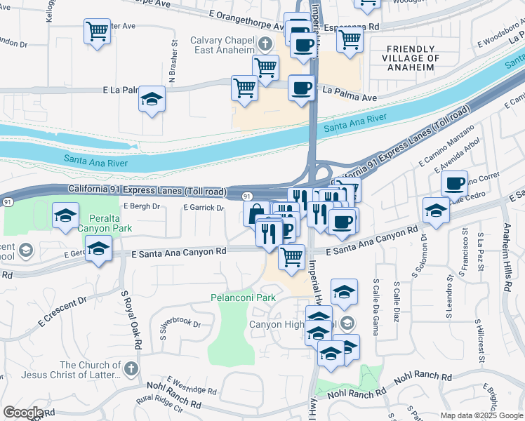 map of restaurants, bars, coffee shops, grocery stores, and more near 5533 East Edgemar Avenue in Anaheim