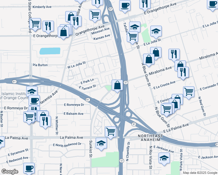 map of restaurants, bars, coffee shops, grocery stores, and more near 2600 East Miraloma Way in Anaheim