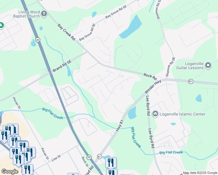 map of restaurants, bars, coffee shops, grocery stores, and more near 211 Misty Grove Drive Southeast in Loganville