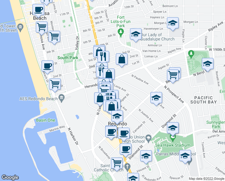 map of restaurants, bars, coffee shops, grocery stores, and more near 826 North Juanita Avenue in Redondo Beach