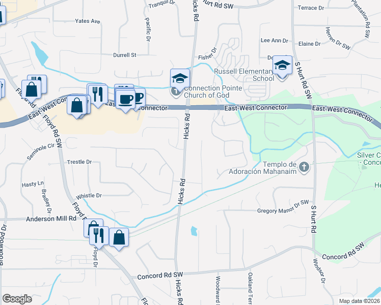 map of restaurants, bars, coffee shops, grocery stores, and more near 4131 Hicks Road in Austell