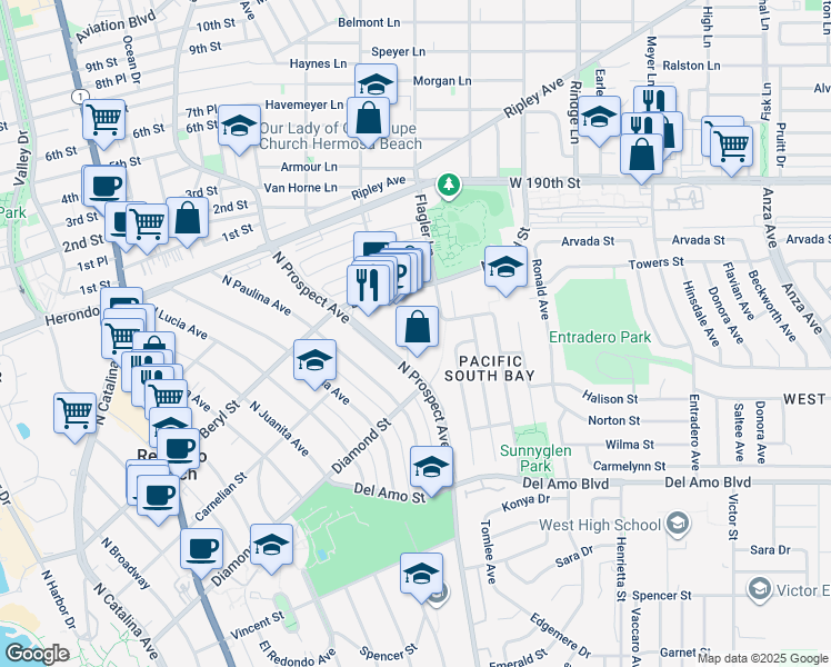 map of restaurants, bars, coffee shops, grocery stores, and more near 514 North Prospect Avenue in Redondo Beach