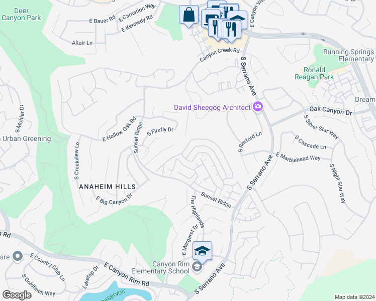 map of restaurants, bars, coffee shops, grocery stores, and more near 7811 East Quinn Drive in Anaheim