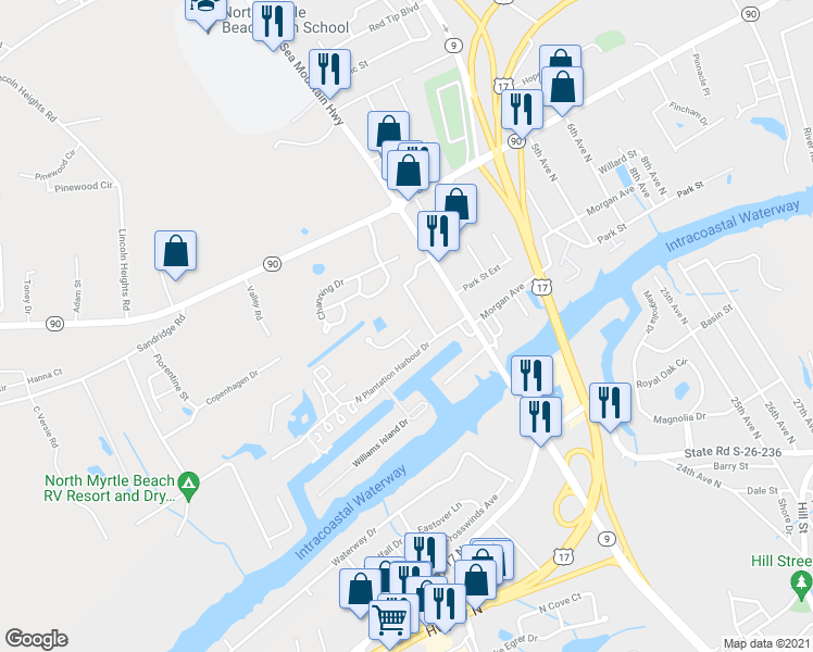 map of restaurants, bars, coffee shops, grocery stores, and more near 100 Bridgeway Drive in Little River