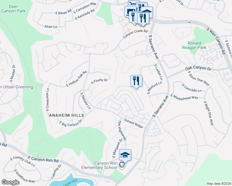 map of restaurants, bars, coffee shops, grocery stores, and more near 7813 East Quinn Drive in Anaheim