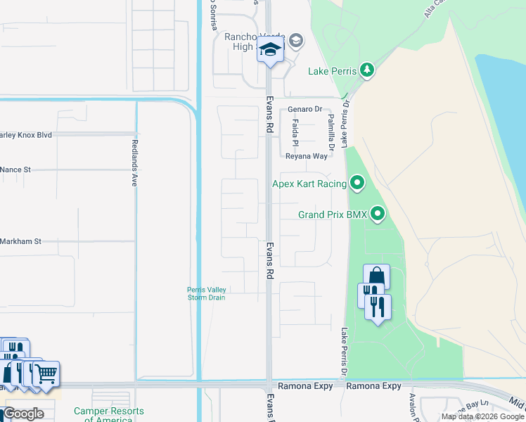 map of restaurants, bars, coffee shops, grocery stores, and more near 4635 Stratford Place in Perris