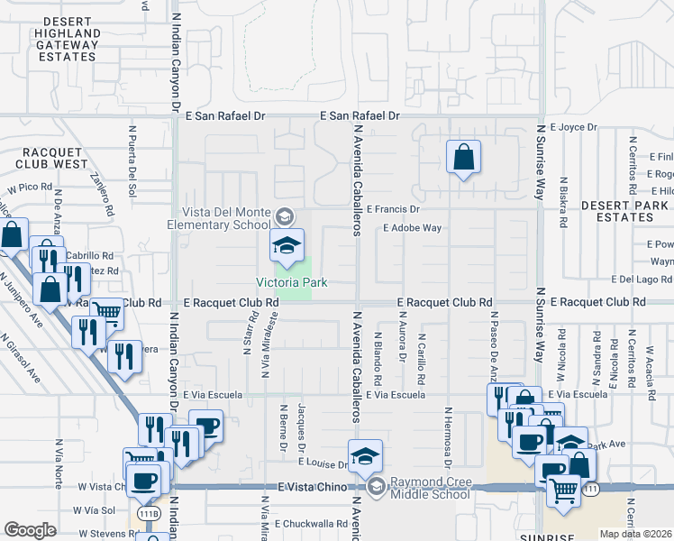 map of restaurants, bars, coffee shops, grocery stores, and more near 811 East Grace Circle in Palm Springs