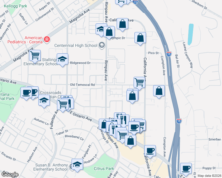 map of restaurants, bars, coffee shops, grocery stores, and more near 2000 Napoli Court in Corona