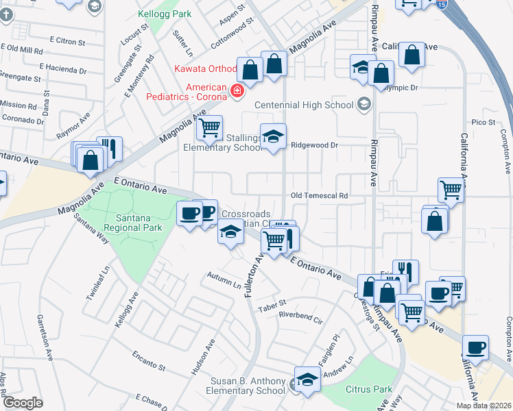 map of restaurants, bars, coffee shops, grocery stores, and more near 2146 Stratford Drive in Corona