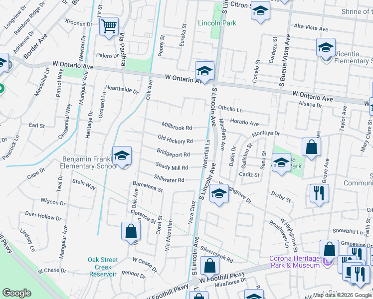 map of restaurants, bars, coffee shops, grocery stores, and more near 1125 Bridgeport Road in Corona