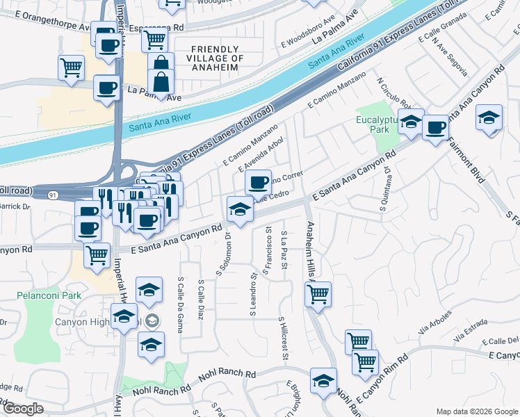 map of restaurants, bars, coffee shops, grocery stores, and more near 6000 East Calle Cedro in Anaheim