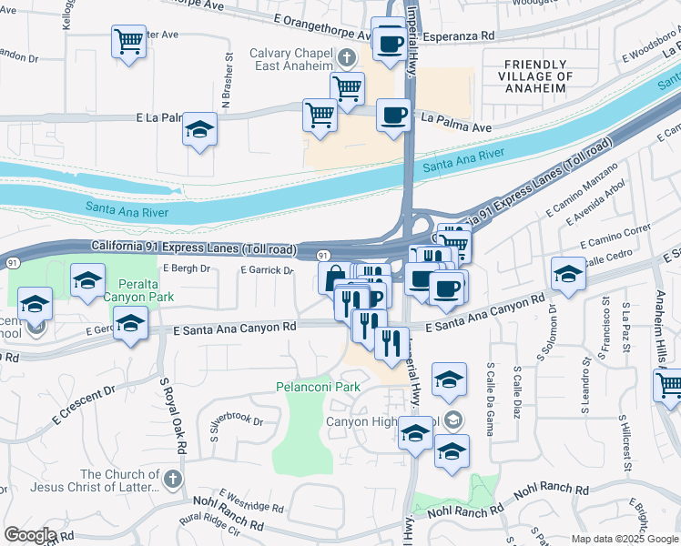 map of restaurants, bars, coffee shops, grocery stores, and more near 5533 East Edgemar Avenue in Anaheim