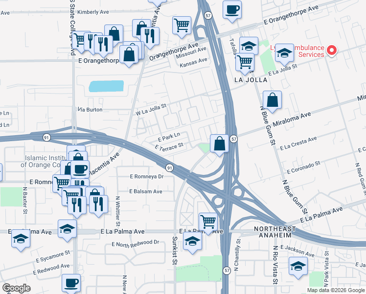 map of restaurants, bars, coffee shops, grocery stores, and more near 2537 East Terrace Street in Anaheim