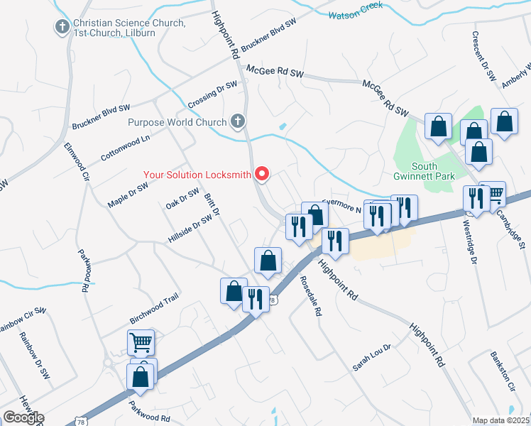 map of restaurants, bars, coffee shops, grocery stores, and more near 2102 Talmai Drive in Snellville