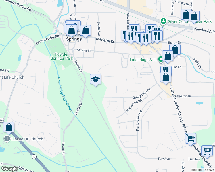 map of restaurants, bars, coffee shops, grocery stores, and more near 4188 New Towne Drive in Powder Springs