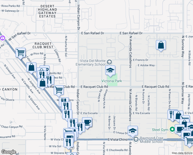 map of restaurants, bars, coffee shops, grocery stores, and more near 475 East Desert Willow Circle in Palm Springs