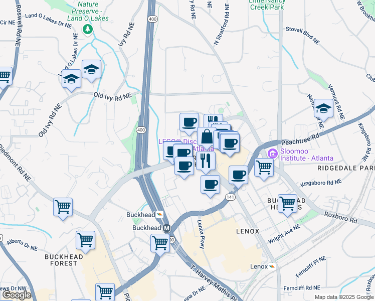 map of restaurants, bars, coffee shops, grocery stores, and more near 3410 Alexander Road Northeast in Atlanta