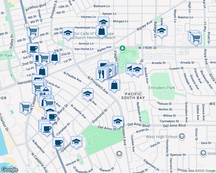 map of restaurants, bars, coffee shops, grocery stores, and more near 520 North Prospect Avenue in Redondo Beach