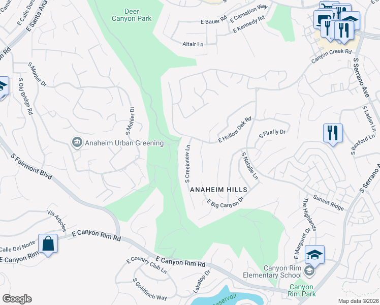 map of restaurants, bars, coffee shops, grocery stores, and more near 928 South Creekview Lane in Anaheim