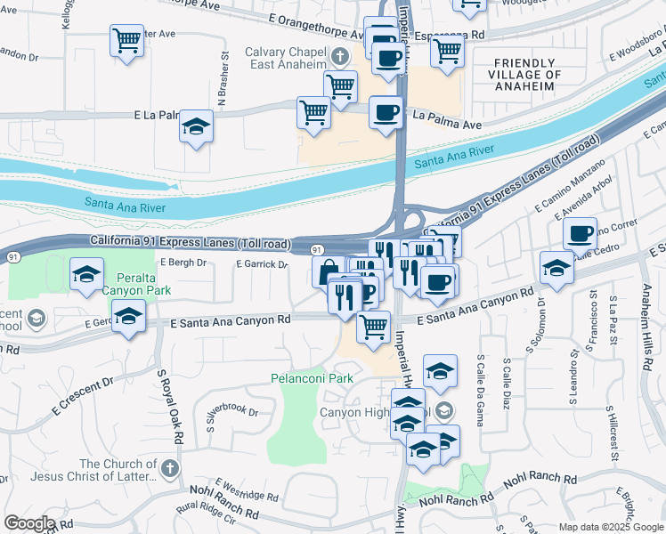map of restaurants, bars, coffee shops, grocery stores, and more near 5533 East Edgemar Avenue in Anaheim
