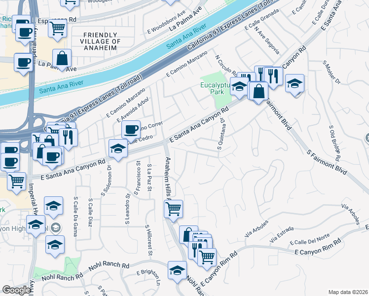 map of restaurants, bars, coffee shops, grocery stores, and more near 6124 East Baja Drive in Anaheim
