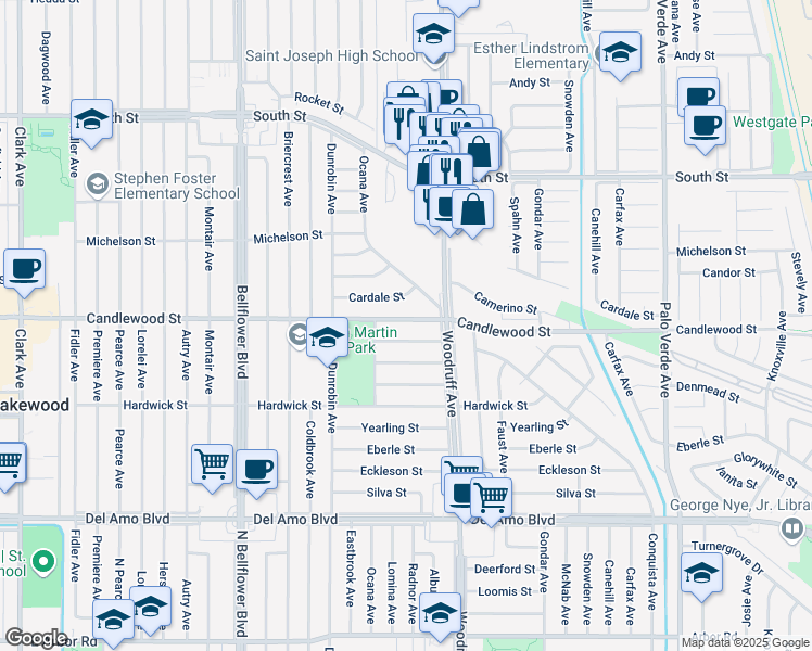 map of restaurants, bars, coffee shops, grocery stores, and more near 5836 Candlewood Street in Lakewood