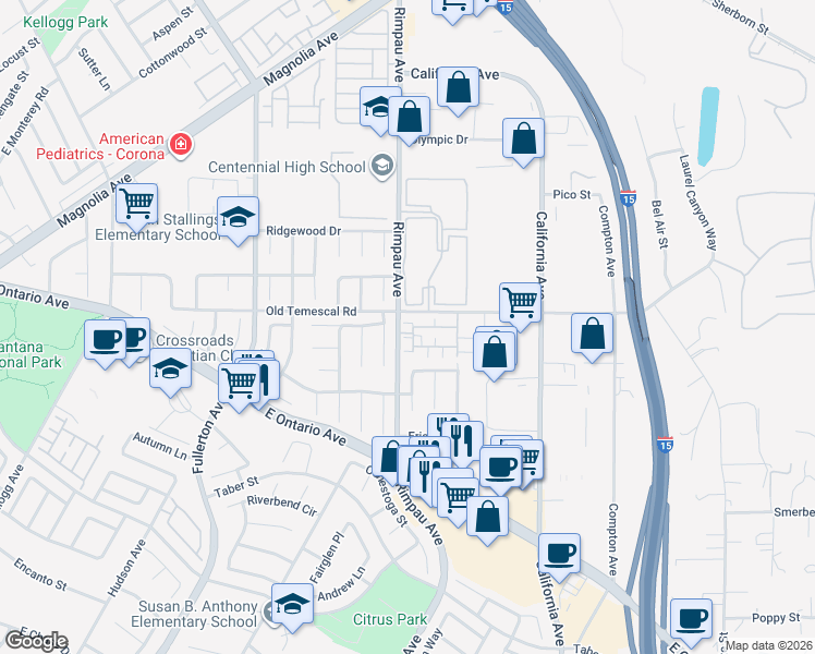 map of restaurants, bars, coffee shops, grocery stores, and more near 2000 Napoli Court in Corona