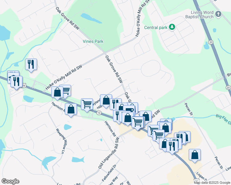 map of restaurants, bars, coffee shops, grocery stores, and more near 190 Skyland Drive in Loganville