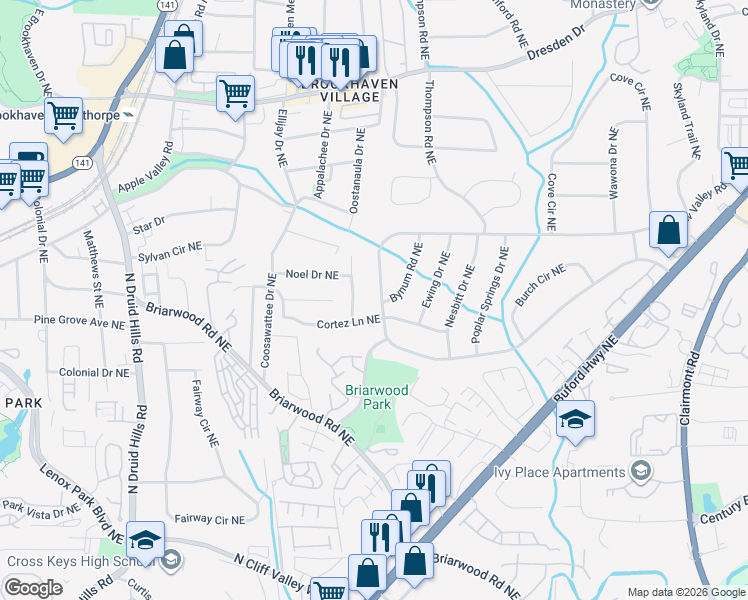 map of restaurants, bars, coffee shops, grocery stores, and more near 2336 Drew Valley Road Northeast in Atlanta