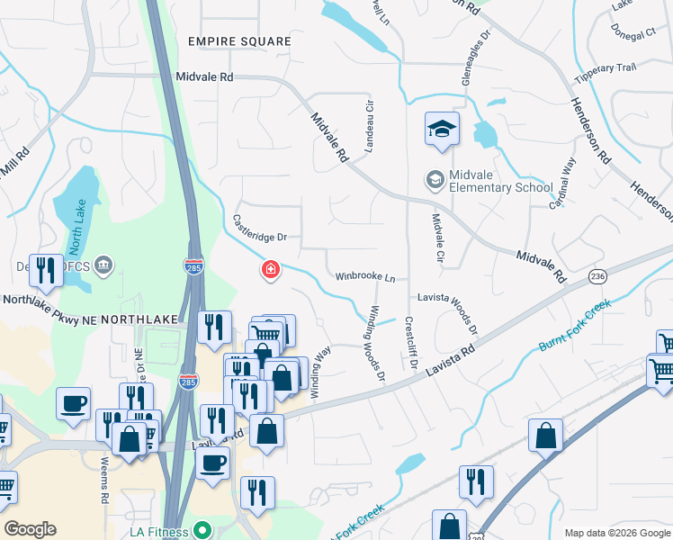 map of restaurants, bars, coffee shops, grocery stores, and more near 3632 Winbrooke Lane in Tucker