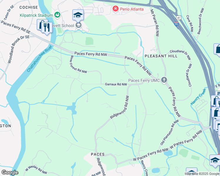 map of restaurants, bars, coffee shops, grocery stores, and more near 1790 Garraux Road Northwest in Atlanta
