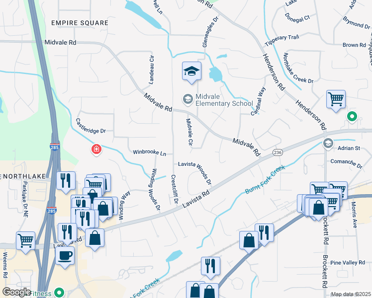 map of restaurants, bars, coffee shops, grocery stores, and more near 2330 Midvale Circle in Tucker