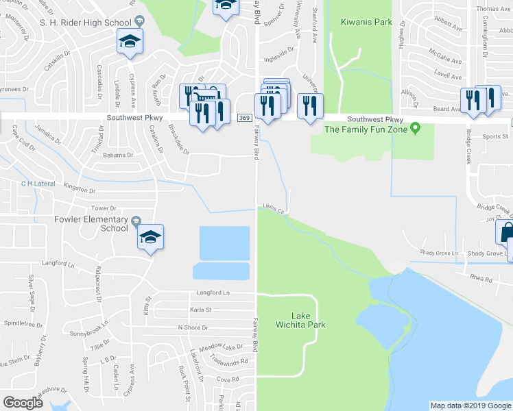 map of restaurants, bars, coffee shops, grocery stores, and more near 4998 Likins Circle in Wichita Falls