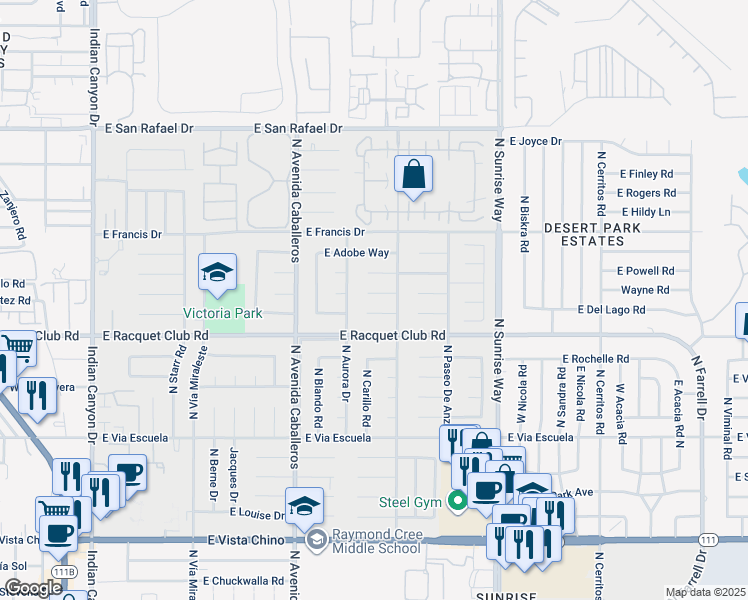 map of restaurants, bars, coffee shops, grocery stores, and more near 1361 East Gem Circle in Palm Springs