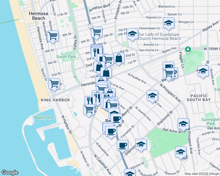 map of restaurants, bars, coffee shops, grocery stores, and more near 826 North Juanita Avenue in Redondo Beach