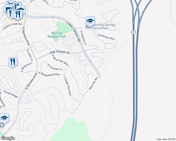 map of restaurants, bars, coffee shops, grocery stores, and more near 1218 South Country Glen Way in Anaheim