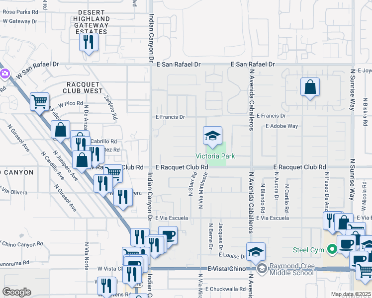 map of restaurants, bars, coffee shops, grocery stores, and more near 475 East Desert Willow Circle in Palm Springs