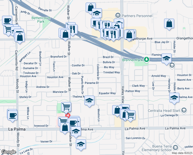 map of restaurants, bars, coffee shops, grocery stores, and more near 7510 Chile Circle in Buena Park